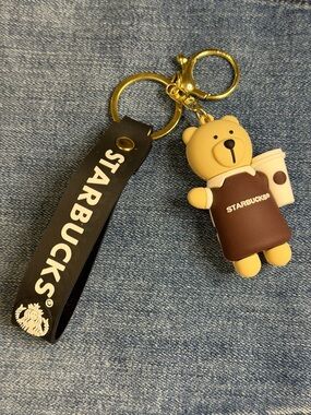 Starbucks Bear Keychain with Black Strap and Brown Apron